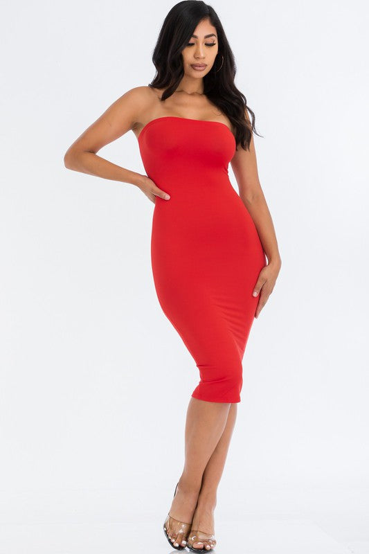 Solid Strapless Tube Bodycon Midi Dress
